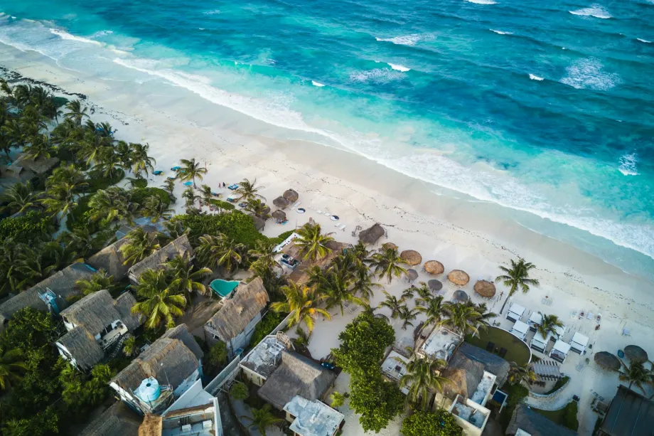 Aerial view of houses and palm trees beside the sea with waves breaking on the shore